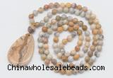 GMN5208 Hand-knotted 8mm, 10mm yellow crazy agate 108 beads mala necklace with pendant