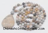 GMN5209 Hand-knotted 8mm, 10mm bamboo leaf agate 108 beads mala necklace with pendant