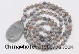 GMN5210 Hand-knotted 8mm, 10mm silver needle agate 108 beads mala necklace with pendant