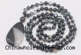 GMN5214 Hand-knotted 8mm, 10mm black banded agate 108 beads mala necklace with pendant