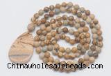 GMN5223 Hand-knotted 8mm, 10mm picture jasper 108 beads mala necklace with pendant