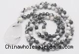 GMN5225 Hand-knotted 8mm, 10mm black & white jasper 108 beads mala necklace with pendant