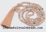 GMN5701 Hand-knotted 6mm matte sunstone 108 beads mala necklaces with tassel & charm