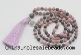 GMN5702 Hand-knotted 6mm matte rhodonite 108 beads mala necklaces with tassel & charm