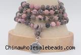 GMN5812 Hand-knotted 6mm matter rhodonite 108 beads mala necklaces with charm