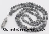 GMN5909 Hand-knotted 6mm matte black water jasper 108 beads mala necklaces with pendant