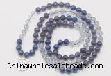 GMN6000 Knotted 8mm, 10mm amethyst, white crystal & lapis lazuli 108 beads mala necklace with charm