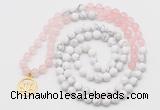 GMN6002 Knotted 8mm, 10mm rose quartz & white howlite 108 beads mala necklace with charm