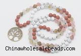GMN6005 Knotted 8mm, 10mm white howlite, cherry quartz & red jasper 108 beads mala necklace with charm