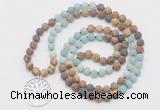GMN6007 Knotted 8mm, 10mm matte amazonite & jasper 108 beads mala necklace with charm