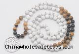 GMN6008 Knotted 8mm, 10mm matte white howlite & mixed gemstone 108 beads mala necklace with charm