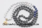 GMN6010 Knotted 8mm, 10mm matte white howlite & black labradorite 108 beads mala necklace with charm