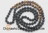 GMN6011 Knotted 8mm, 10mm matte black agate & yellow tiger eye 108 beads mala necklace with charm