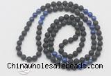 GMN6014 Knotted 8mm, 10mm black lava & lapis lazuli 108 beads mala necklace with charm
