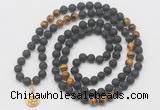 GMN6015 Knotted 8mm, 10mm black lava & yellow tiger eye 108 beads mala necklace with charm