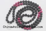 GMN6016 Knotted 8mm, 10mm black lava & red tiger eye 108 beads mala necklace with charm