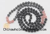 GMN6017 Knotted 8mm, 10mm matte black agate, black labradorite & rose quartz 108 beads mala necklace with charm