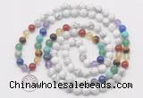 GMN6021 Knotted 7 Chakra 8mm, 10mm white howlite 108 beads mala necklace with charm