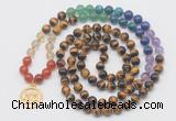 GMN6024 Knotted 7 Chakra 8mm, 10mm yellow tiger eye 108 beads mala necklace with charm