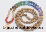 GMN6025 Knotted 7 Chakra 8mm, 10mm picture jasper 108 beads mala necklace with charm