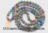 GMN6026 Knotted 7 Chakra 8mm, 10mm African turquoise 108 beads mala necklace with charm