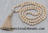GMN604 Hand-knotted 8mm, 10mm white fossil jasper 108 beads mala necklaces with tassel