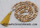GMN607 Hand-knotted 8mm, 10mm picture jasper 108 beads mala necklaces with tassel