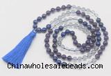 GMN6100 Knotted 8mm, 10mm amethyst, white crystal & lapis lazuli 108 beads mala necklace with tassel