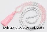 GMN6102 Knotted 8mm, 10mm rose quartz & white howlite 108 beads mala necklace with tassel