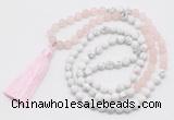 GMN6103 Knotted 8mm, 10mm rose quartz & white howlite 108 beads mala necklace with tassel