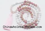 GMN6104 Knotted 8mm, 10mm white howlite, pink jasper & rose quartz 108 beads mala necklace with tassel