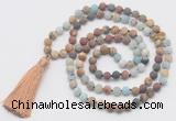 GMN6106 Knotted 8mm, 10mm matte mixed amazonite & jasper 108 beads mala necklace with tassel
