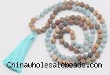 GMN6107 Knotted 8mm, 10mm matte amazonite & jasper 108 beads mala necklace with tassel