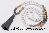 GMN6108 Knotted 8mm, 10mm matte white howlite & mixed gemstone 108 beads mala necklace with tassel