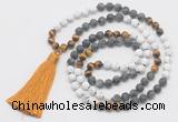 GMN6109 Knotted 8mm, 10mm matte white howlite & black labradorite 108 beads mala necklace with tassel