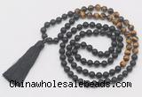 GMN6111 Knotted 8mm, 10mm matte black agate & yellow tiger eye 108 beads mala necklace with tassel