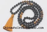 GMN6115 Knotted 8mm, 10mm black lava & yellow tiger eye 108 beads mala necklace with tassel