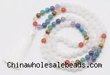 GMN6119 Knotted 7 Chakra 8mm, 10mm white jade 108 beads mala necklace with tassel