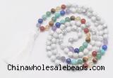 GMN6121 Knotted 7 Chakra 8mm, 10mm white howlite 108 beads mala necklace with tassel