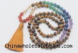 GMN6124 Knotted 7 Chakra 8mm, 10mm yellow tiger eye 108 beads mala necklace with tassel