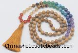 GMN6125 Knotted 7 Chakra 8mm, 10mm picture jasper 108 beads mala necklace with tassel