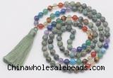 GMN6126 Knotted 7 Chakra 8mm, 10mm African turquoise 108 beads mala necklace with tassel