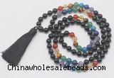 GMN6127 Knotted 7 Chakra 8mm, 10mm black obsidian 108 beads mala necklace with tassel