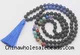 GMN6128 Knotted 7 Chakra 8mm, 10mm black lava & lapis lazuli 108 beads mala necklace with tassel
