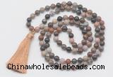 GMN6130 Knotted 8mm, 10mm wooden jasper 108 beads mala necklace with tassel
