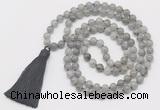GMN6132 Knotted 8mm, 10mm labradorite 108 beads mala necklace with tassel