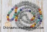 GMN6137 Knotted 7 Chakra 8mm, 10mm labradorite 108 beads mala necklace with charm