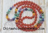 GMN6141 Knotted 7 Chakra 8mm, 10mm red agate 108 beads mala necklace with charm