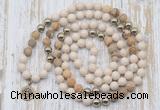 GMN6145 Knotted 8mm, 10mm white fossil jasper & picture jasper 108 beads mala necklace with charm