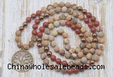 GMN6146 Knotted 8mm, 10mm matte picture jasper & red jasper 108 beads mala necklace with charm